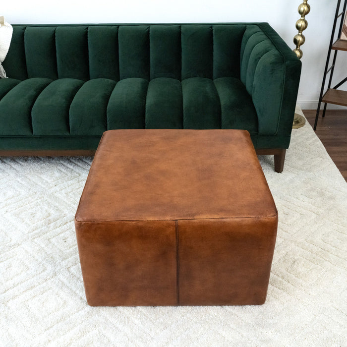 Mallory - Mid-Century Square Genuine Leather Upholstered Ottoman - Tan