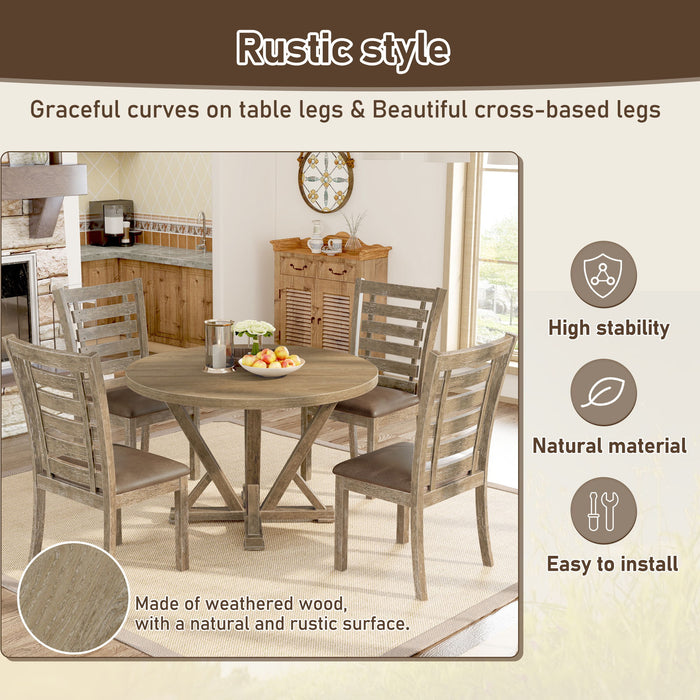 5 Pieces Dining Set, Round Counter Table Modern Farmhouse Rustic - Distressed Brown