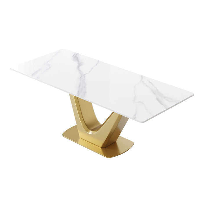 78.74" Modern Artificial Stone Panel Golden V-Shaped Metal Legs, Can Accommodate 8 People - White / Gold