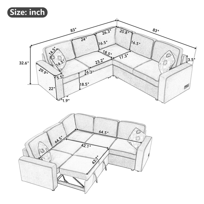 L-Shaped Pull Out Sofa Bed Modern Convertible Sleeper Sofa With 2 USB Ports, 2 Power Sockets And 3 Pillows For Living Room