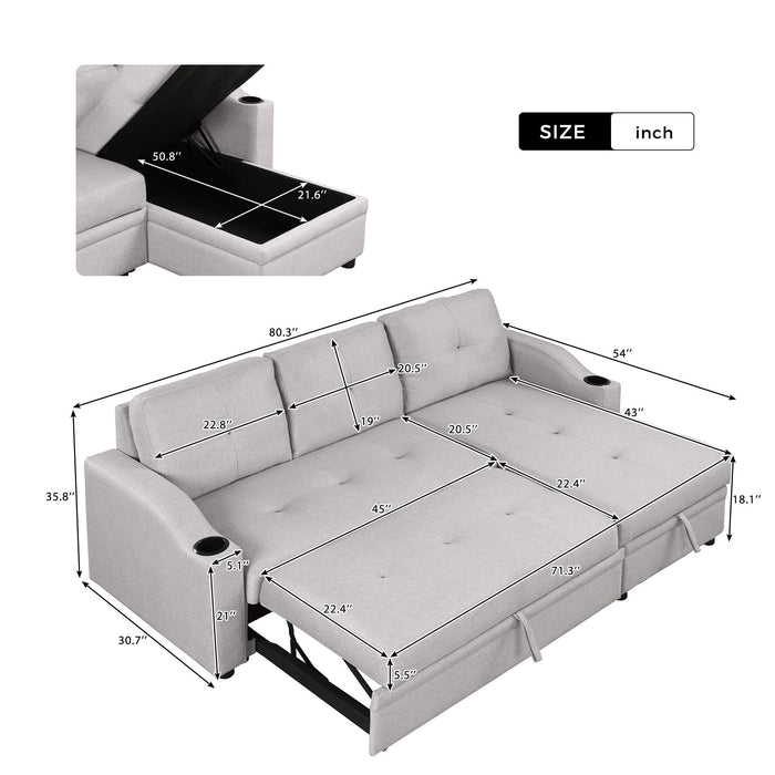 Pull Out Sofa Bed Modern Padded Upholstered Sofa Bed, Linen Fabric 3 Seater Couch With Storage Chaise And Cup Holder, Small Couch For Small Spaces