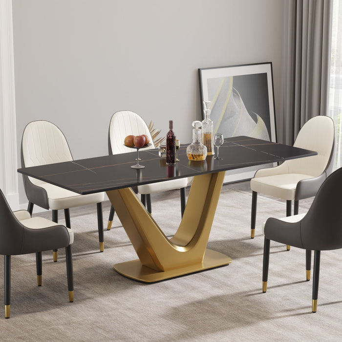 Modern Artificial Stone Panel V-Shaped Metal Legs, Can Accommodate 8 People - Black / Gold