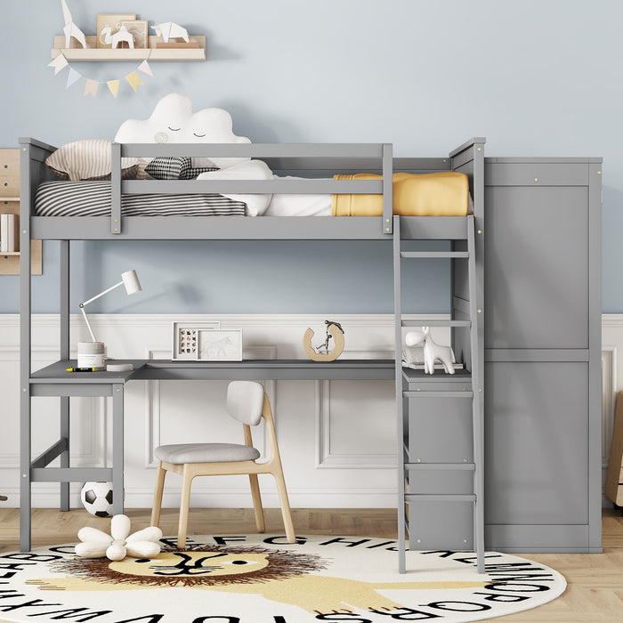 Full Size Loft Bed With Desk, Shelves And Wardrobe - Gray