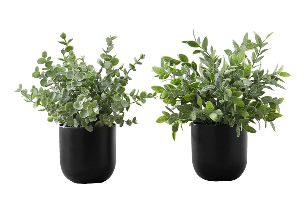 Artificial Plant, 11" Tall, Eucalyptus Grass, Indoor, Faux, Fake, Table, Greenery, Potted, Decorative (Set of 2) - Green / Black