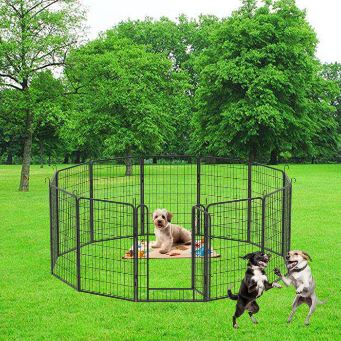 81.1" 12 Panels Heavy Duty Metal Playpen With Door, Dog Fence Pet Exercise Pen For Outdoor - Black