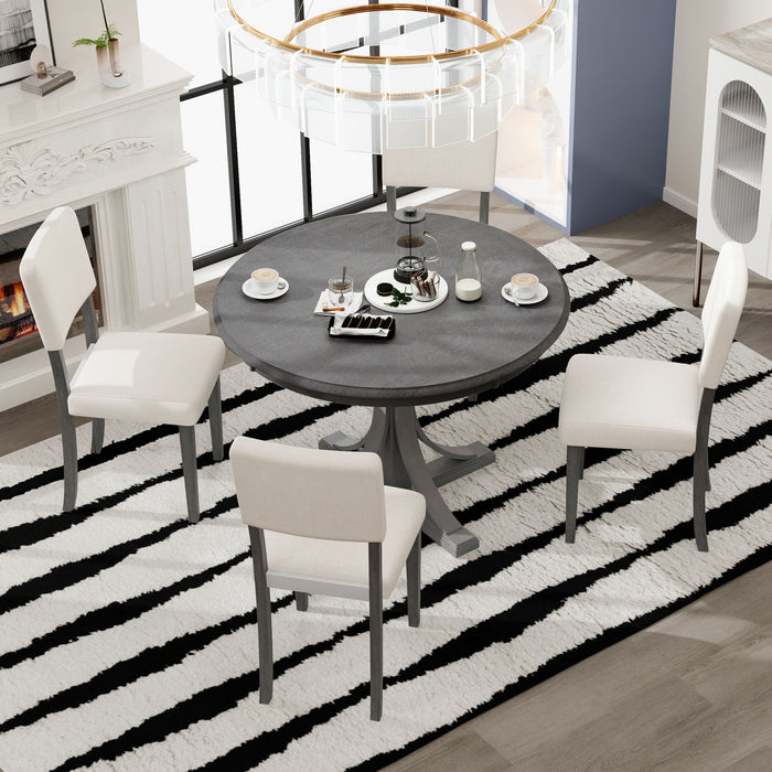 Retro Round Dining Table Set With Curved Trestle Style Table Legs And Upholstered Chairs For Dining Room