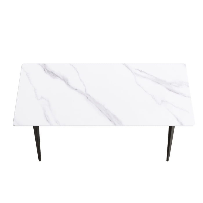 70.87" Modern Artificial Stone White Straight Edge Black Metal Leg Dining Table, Can Accommodate 6-8 People - White / Black