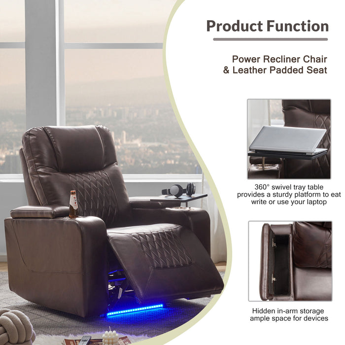 Power Motion Recliner With USB Charging Port And Hidden Arm Storage 2 Convenient Cup Holders Design And 360 Degree Swivel Tray Table