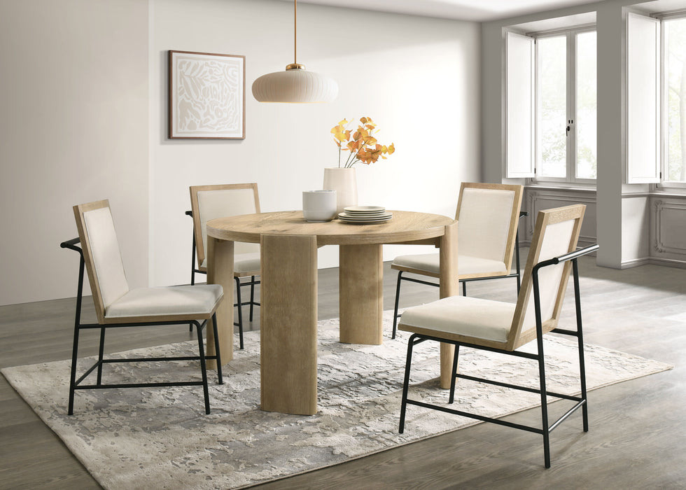 Bowen - Round Dining Table With Cream Color Upholstered Chairs (Set of 5) - Oak Finish