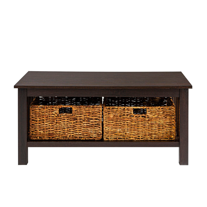 Coastal Coffee Table With Lower Shelf And Faux Rattan Baskets - Espresso