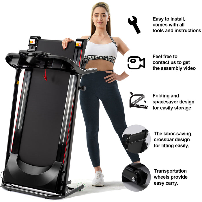 Folding Treadmill With Incline 2.5Hp 12Km / H Electric Treadmill For Home Foldable, Bluetooth Music Cup Holder Heart Rate Sensor Walking Running Machine For Indoor Home Gym Exercise Fitness - Black