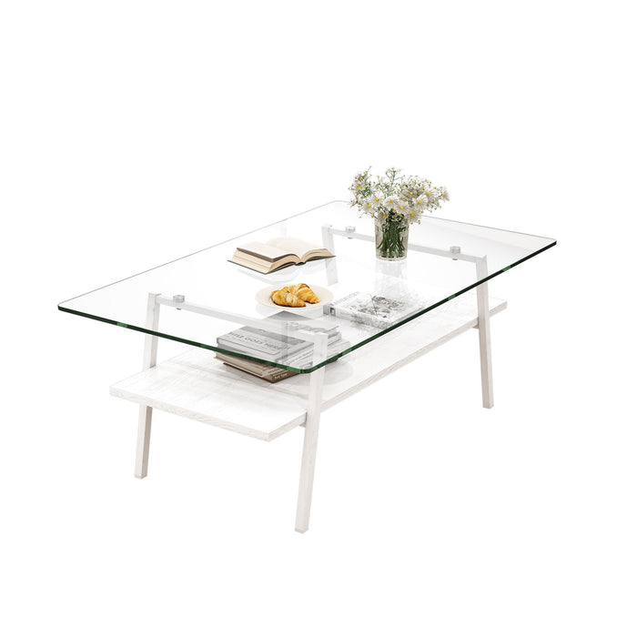 Rectangle Coffee Table, Tempered Glass Tabletop With Metal Legs, Modern Table For Living Room