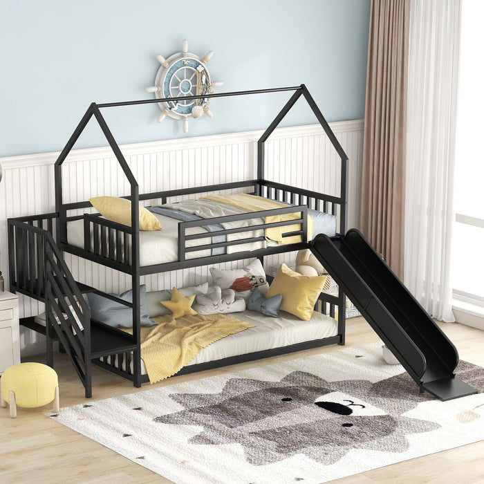 Twin Over Twin Metal Bunk Bed House Bed With Slide And Staircase