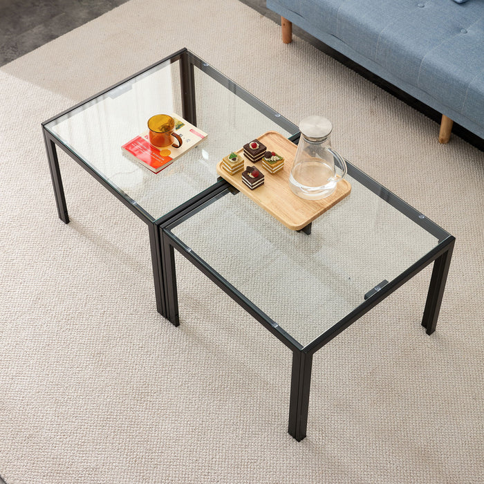 Coffee Table (Set of 2), Square Modern Table With Tempered Glass Finish For Living Room