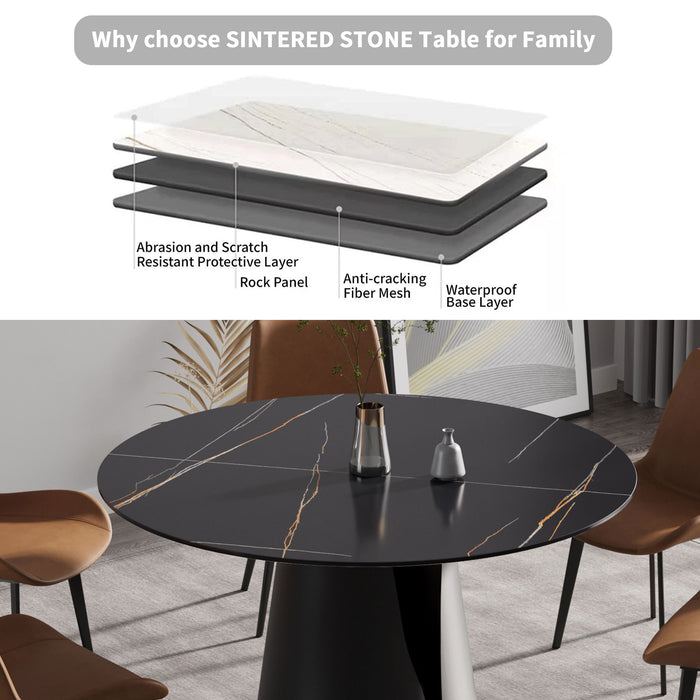 Modern Artificial Stone Round Carbon Steel Base Dining Table, Can Accommodate 6 People - Black