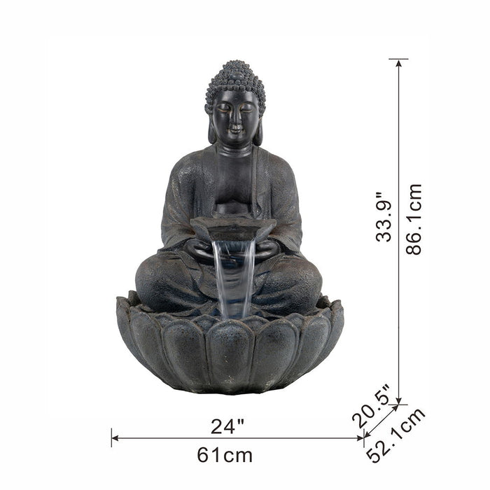 Buddha Statue Water Fountain, Indoor Outdoor Polyresin Fountain With Light - Dark Gray