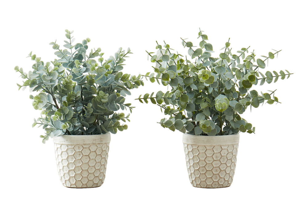 Artificial Plant, 13" Tall, Eucalyptus Grass, Indoor, Faux, Fake, Table, Greenery, Potted, Decorative (Set of 2) - Green / White