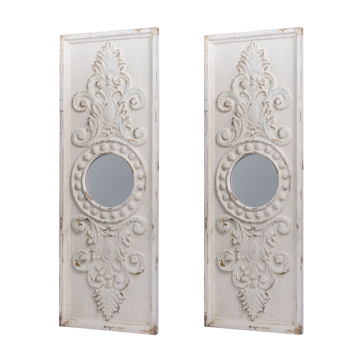 Large Wooden Wall Art Panels With Distressed Finish And Round Mirror Accents (Set of 2) - White