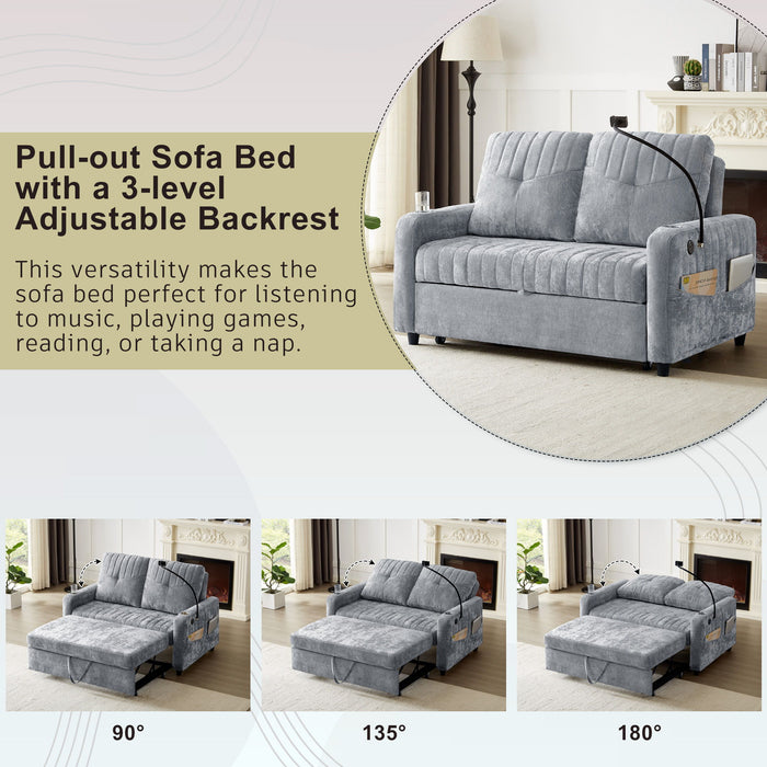 Modern Loveseat Pull Out Sofa Bed With Adjustable Backrest, Two Cup Holders, A Phone Holder, Three Charging Ports And Side Storage Pockets For Living Room