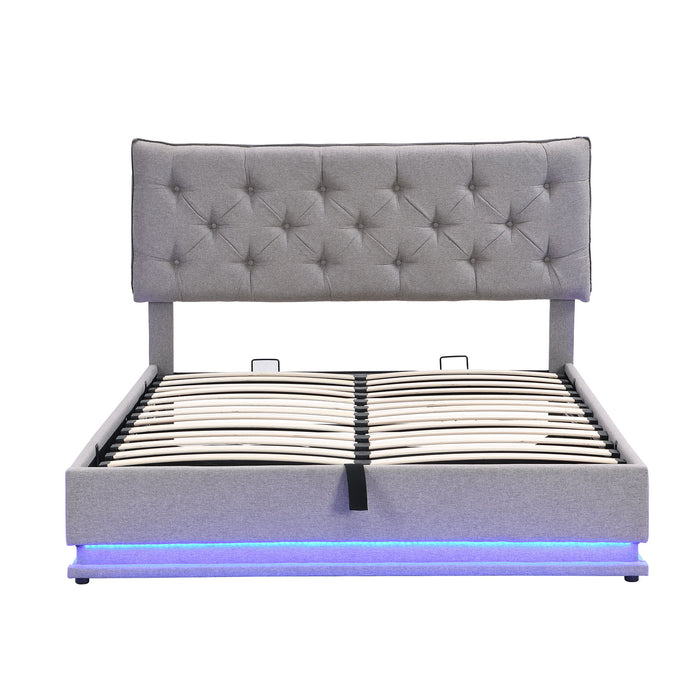 Upholstered Bed With Hydraulic Storage System And LED Light, Modern Platform Bed With Button-Tufted Design Headboard