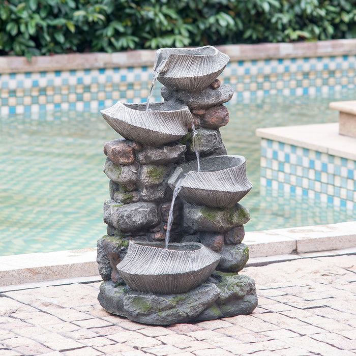 Indoor Outdoor Stone Water Fountain, 4 Tier Polyresin Cascading Rock Bowl Freestanding Fountain With LED Ligh - Gray