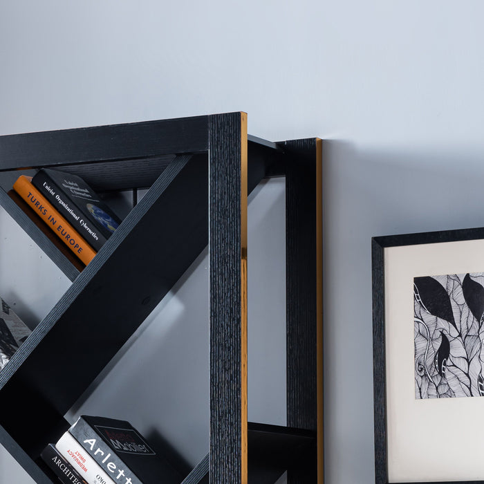 Abstract Bookcase With Seven V-Shape Shelves - Black & Faux Gold Trim