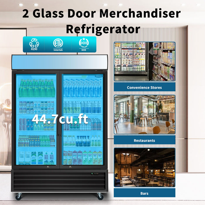 Glass Door Merchandiser Refrigerator 44.7 Cu.Ft Swing Door Commercial Display Refrigerators Merchandising Refrigeration With LED Top Panel - Black