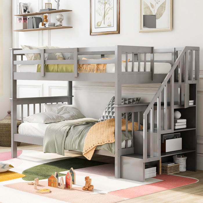 Stairway Bunk Bed With Storage And Guard Rail For Bedroom, Dorm