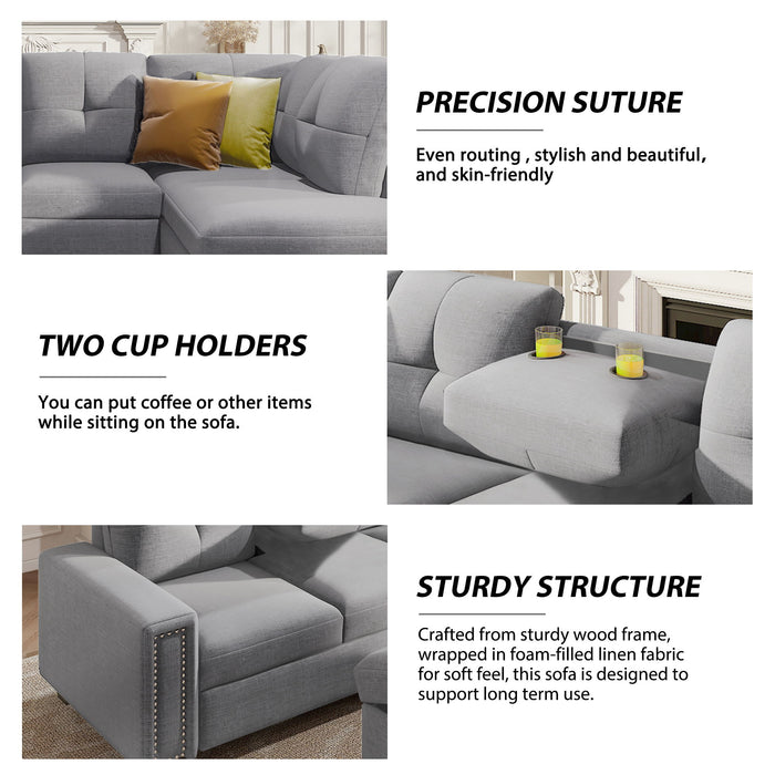 Reversible Sectional Sofa Space Saving With Storage Ottoman Rivet Ornament L-Shape Couch For Large Space Dorm Apartment