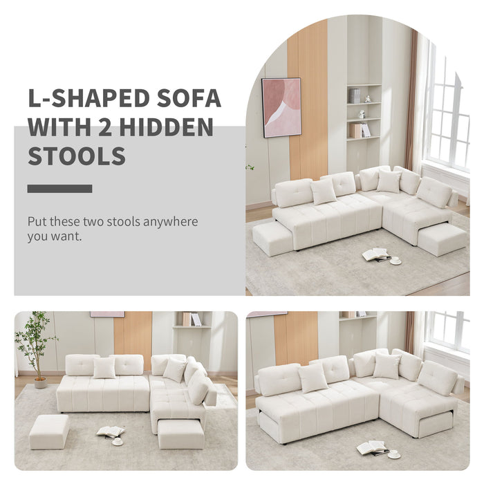 L-Shaped Sofa Sectional Sofa Couch With 2 Stools And 2 Lumbar Pillows For Living Room