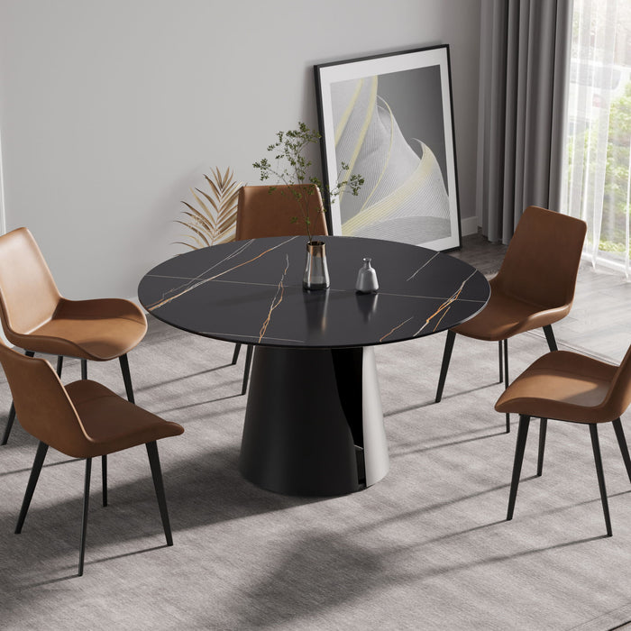 Modern Artificial Stone Round Carbon Steel Base Dining Table, Can Accommodate 6 People - Black