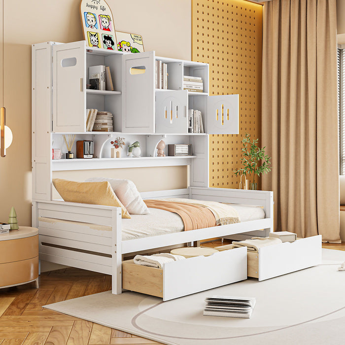 Wooden Daybed With 2 Drawers, And All-In-One Cabinet And Shelf