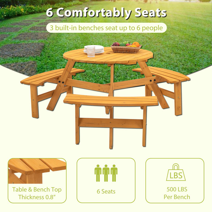 6 Person Circular Outdoor Wooden Picnic Table For Patio, Backyard, Garden, Diy With 3 Built-In Benches, 1720Lb Capacity