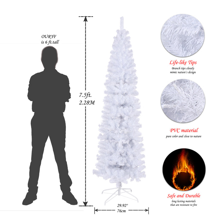 7.5FT White Slim Artificial Christmas Tree  Includes Foldable Metal Stand - White