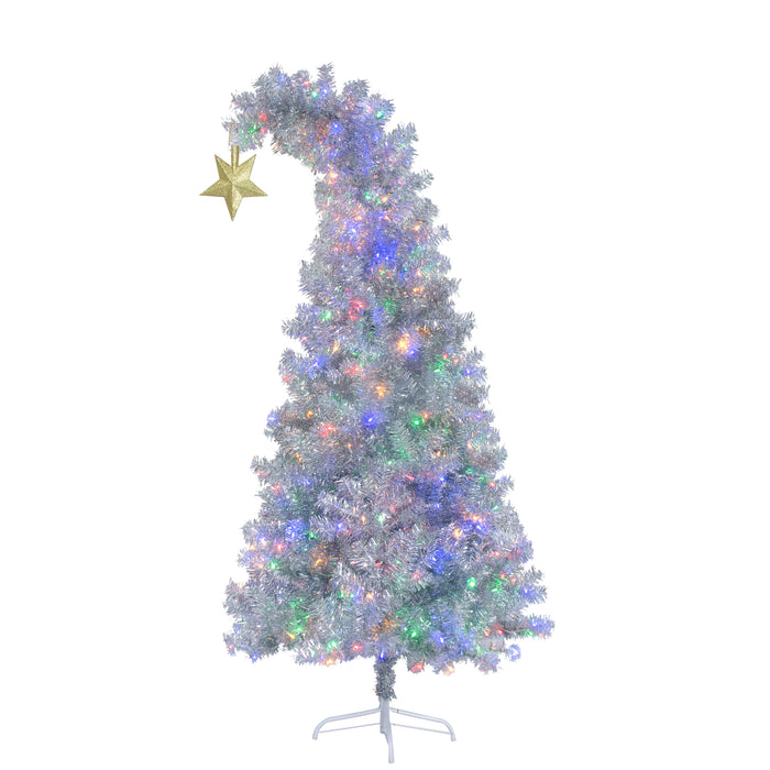 6 Ft Christmas Tree with 300 Colorful LED Lights, Bent Top With Gold Star - White