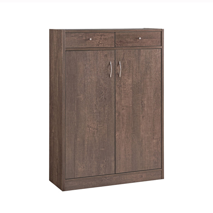 Two Door Shoe Storage Cabinet With Two Top Drawers, Five Shelves Fits 15 Pairs - Walnut Oak