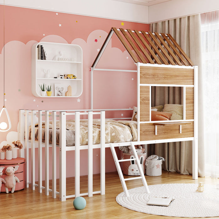 Twin Size Loft Bed With Roof, Window, Guardrail, Ladder