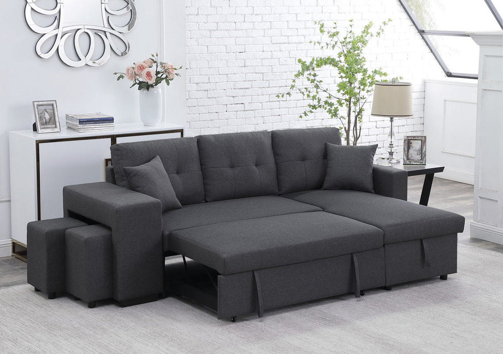 Dennis - Linen Fabric Reversible Sleeper Sectional With Storage Chaise And 2 Stools