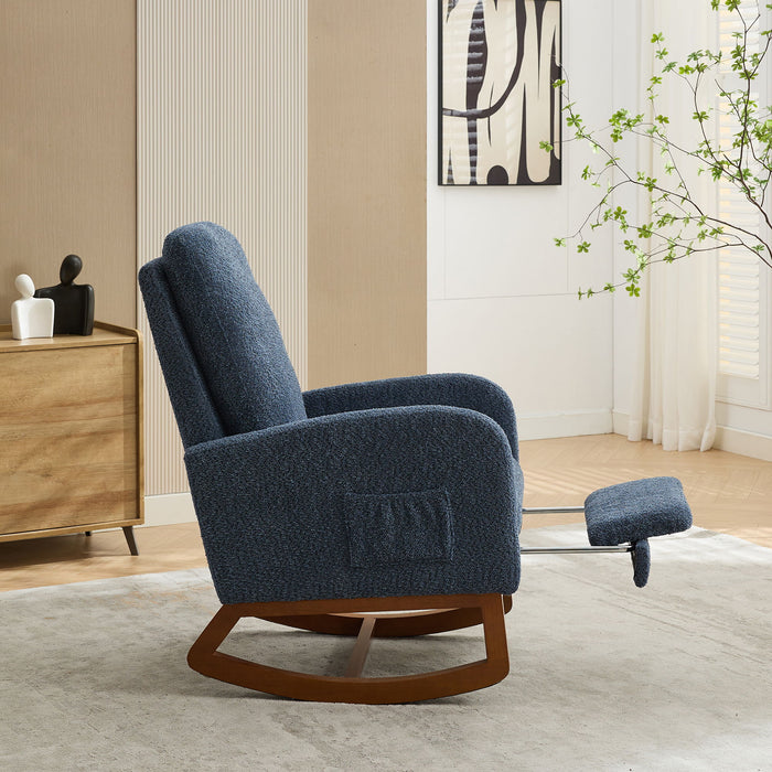 Rocking Chair For Nursery, High Back Glider Chair With Retractable Footrest, Side Pocket, Rocking Accent Armchair With Rubber Wood Legs For Living Room / Bedroom