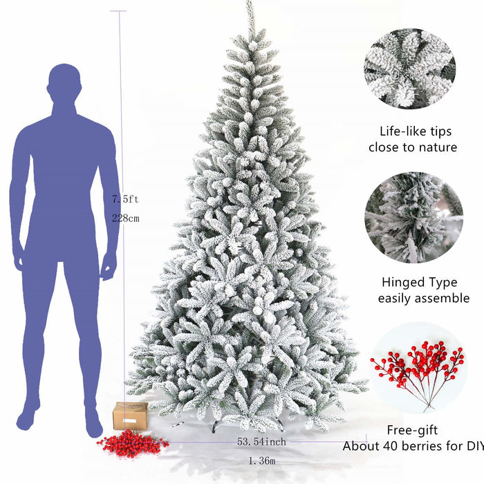 7.5ft Hinged Flocked Christmas tree with foldable metal stand - Antique Grey White