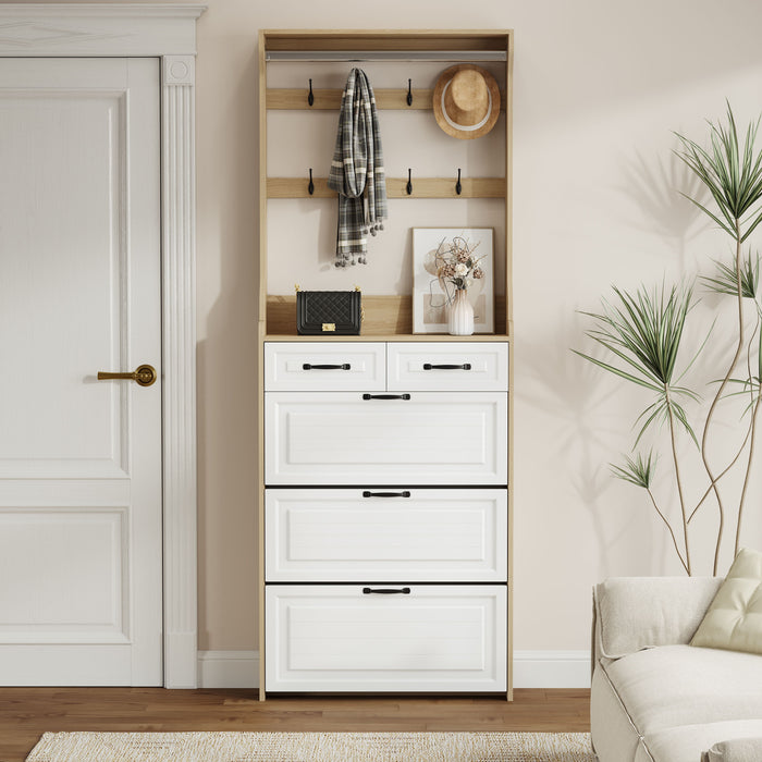 Shoe Cabinet With 3 Doors 2 Drawers With Hanger, Door With Shape, Large Space For Storage