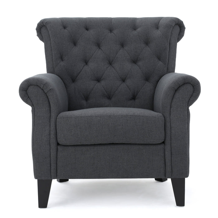 Comfy Accent Chair With Tufted Backrest, Bedroom Single Seat Arm Chair With Wooden Legs, Modern Side Chairs For Living Room - Dark Gray