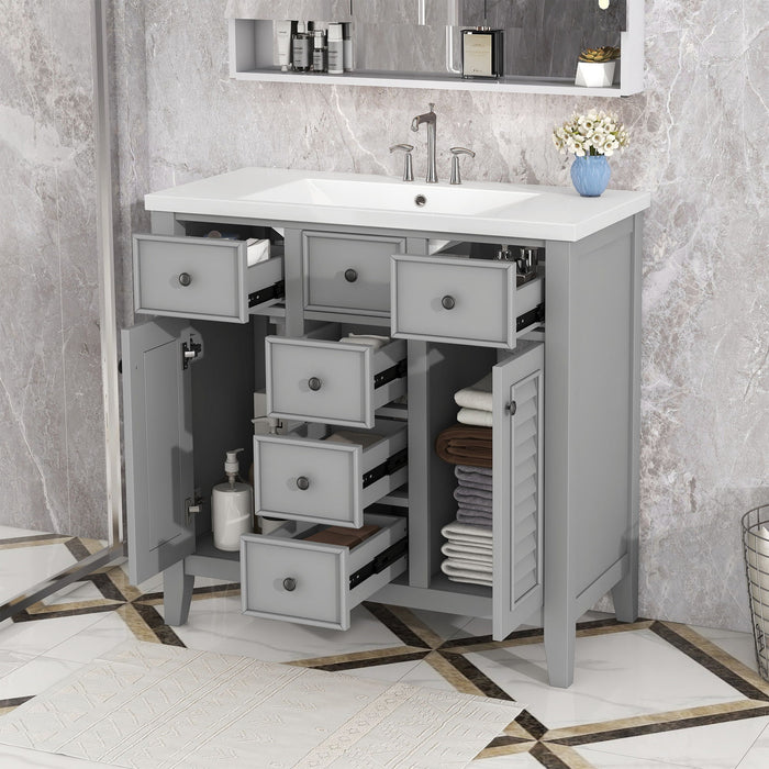 Bathroom Vanity With Ceramic Basin, Two Cabinets And Five Drawers, Solid Wood Frame, Gray