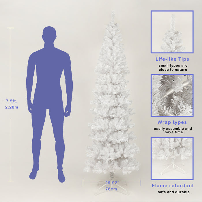 7.5FT White Slim Artificial Christmas Tree  Includes Foldable Metal Stand - White