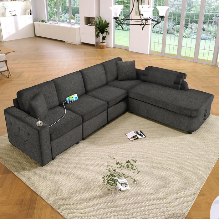 L-Shaped Couch Sectional Sofa With Storage Chaise, Cup Holder And USB Ports For Living Room