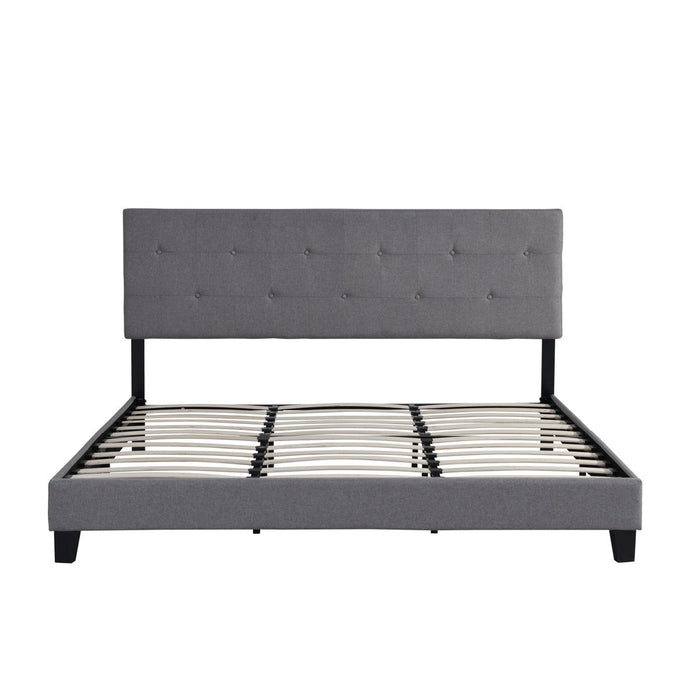 King Size Upholstered Platform Bed Frame With Button Tufted Linen Fabric Headboard, No Box Spring Needed, Wood Slat Support