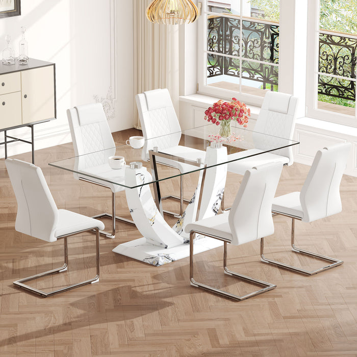 Table And Chair Set, Large Modern Rectangular Glass Table, Can Accommodate 6-8 People, Equipped With A 0.39" Tempered Glass Tabletop And MDF Table Legs.Paired With Comfortable And Soft Chairs - White / Pearl Silver