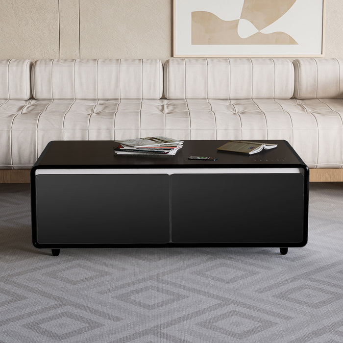 Modern Smart Coffee Table With Built-In Fridge, Bluetooth Speaker, Wireless Charging Module, Touch Control Panel, Power Socket, USB Interface, Outlet Protection, Atmosphere Light