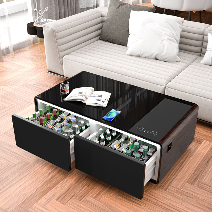 Modern Smart Coffee Table With Built-In Fridge, Bluetooth Speaker, Wireless Charging Module, Touch Control Panel, Power Socket, USB Interface, Outlet Protection, Atmosphere Light