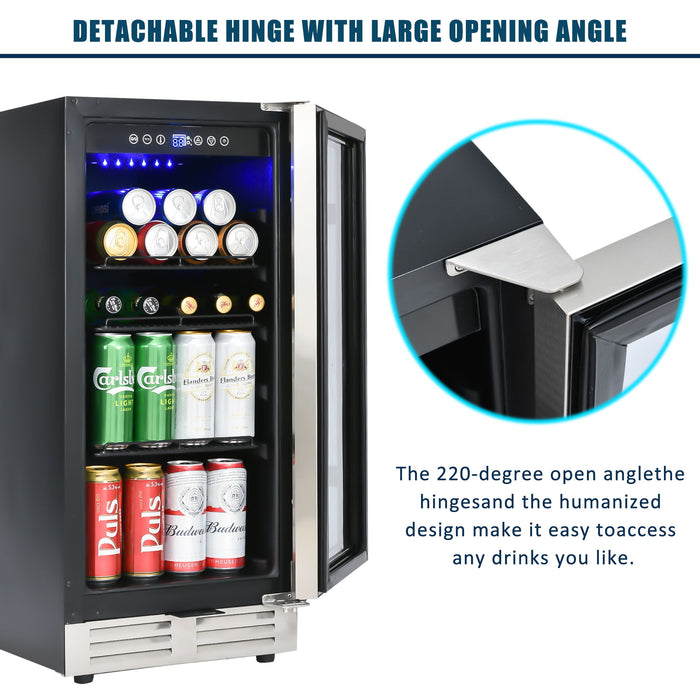 Built-In And Freestanding Mini Beverage Refrigerator / Wine Cabinet, 120 Cans, 37-65°F, Quiet, Adjustable Shelves, LED Lighting, Etl, Touch Controls, Defrost, Double Glass Door - Black / Silver